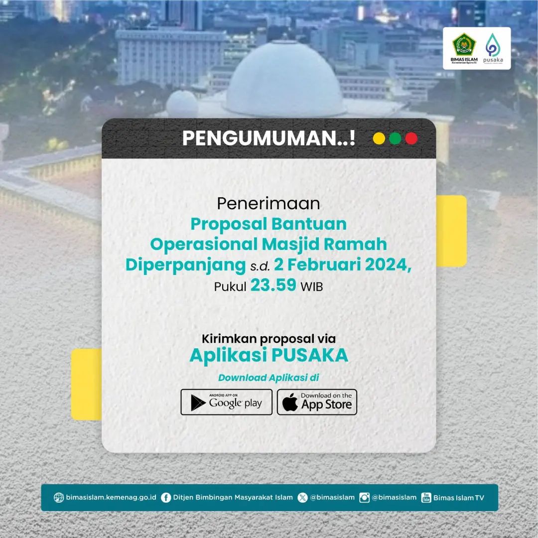 Penerimaan Proposal Bantuan Operasional Masjid Ramah Diperpanjang sampai 2 Februari 2024 Pukul 23.59 WIB