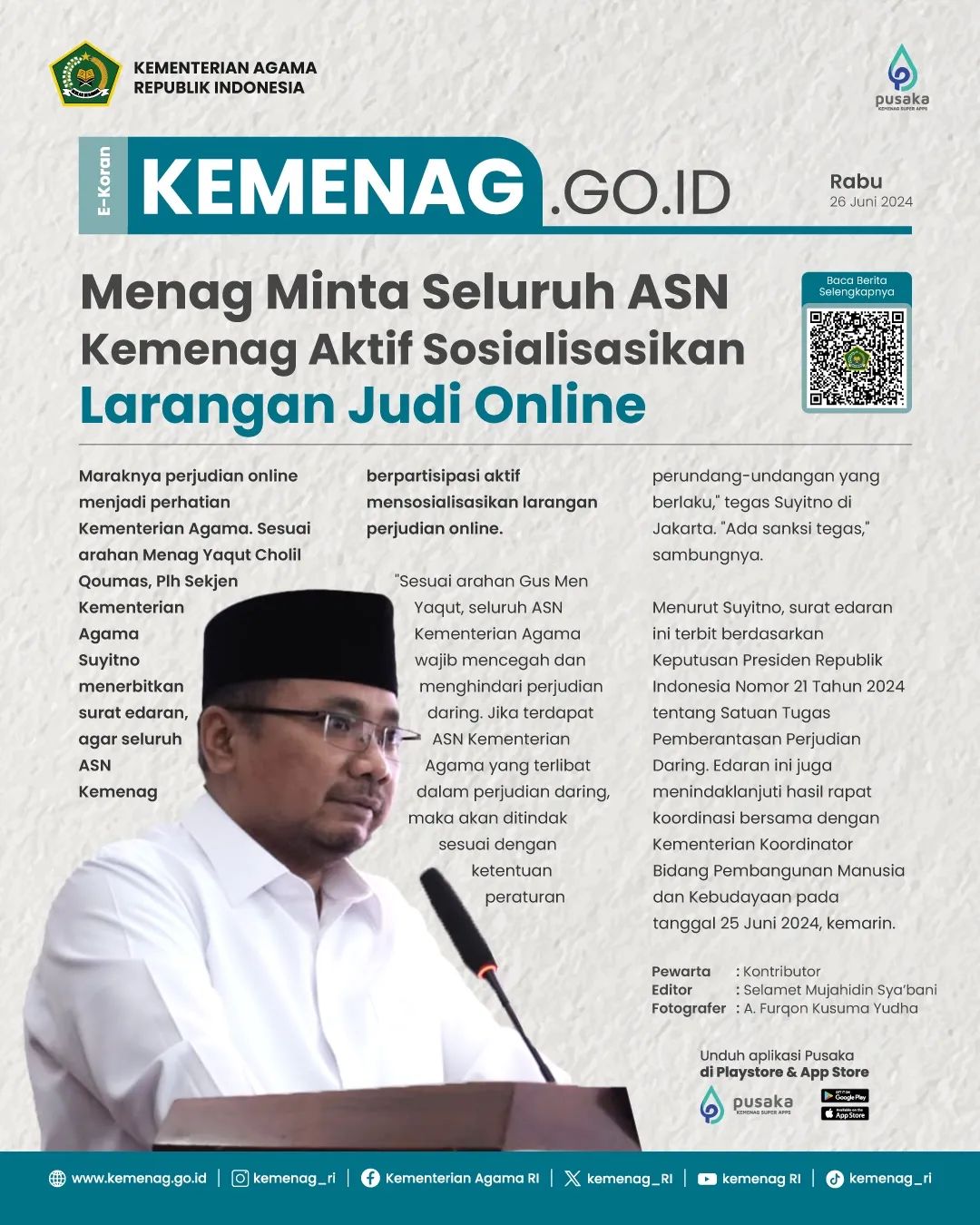 Menag Minta Seluruh ASN Kemenag Aktif Sosialisasikan Larangan Judi Online