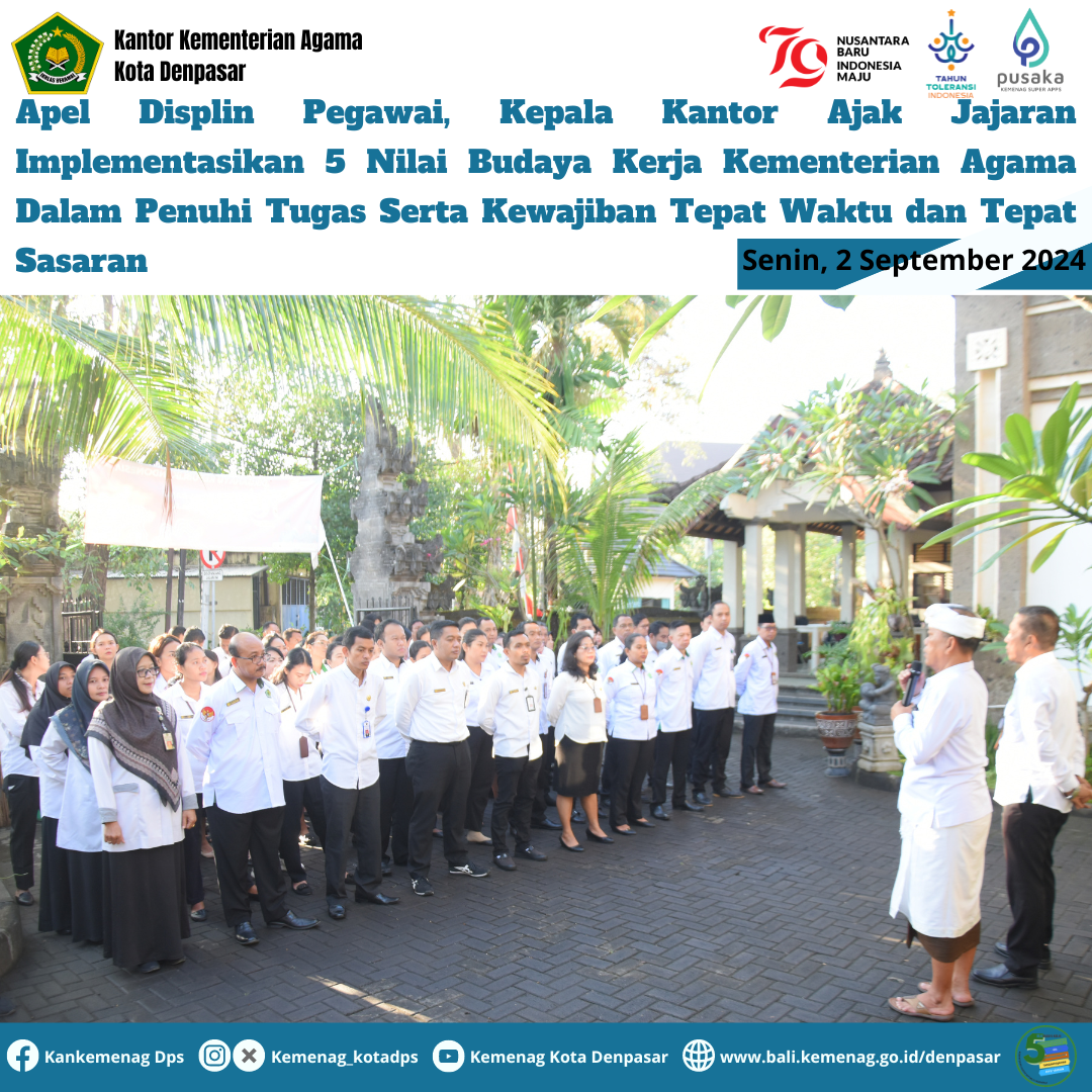 Apel Displin Pegawai, Kepala Kantor Ajak Jajaran Implementasikan 5 Nilai Budaya Kerja Kementerian Agama Dalam Penuhi Tugas Serta Kewajiban Tepat Waktu dan Tepat Sasaran