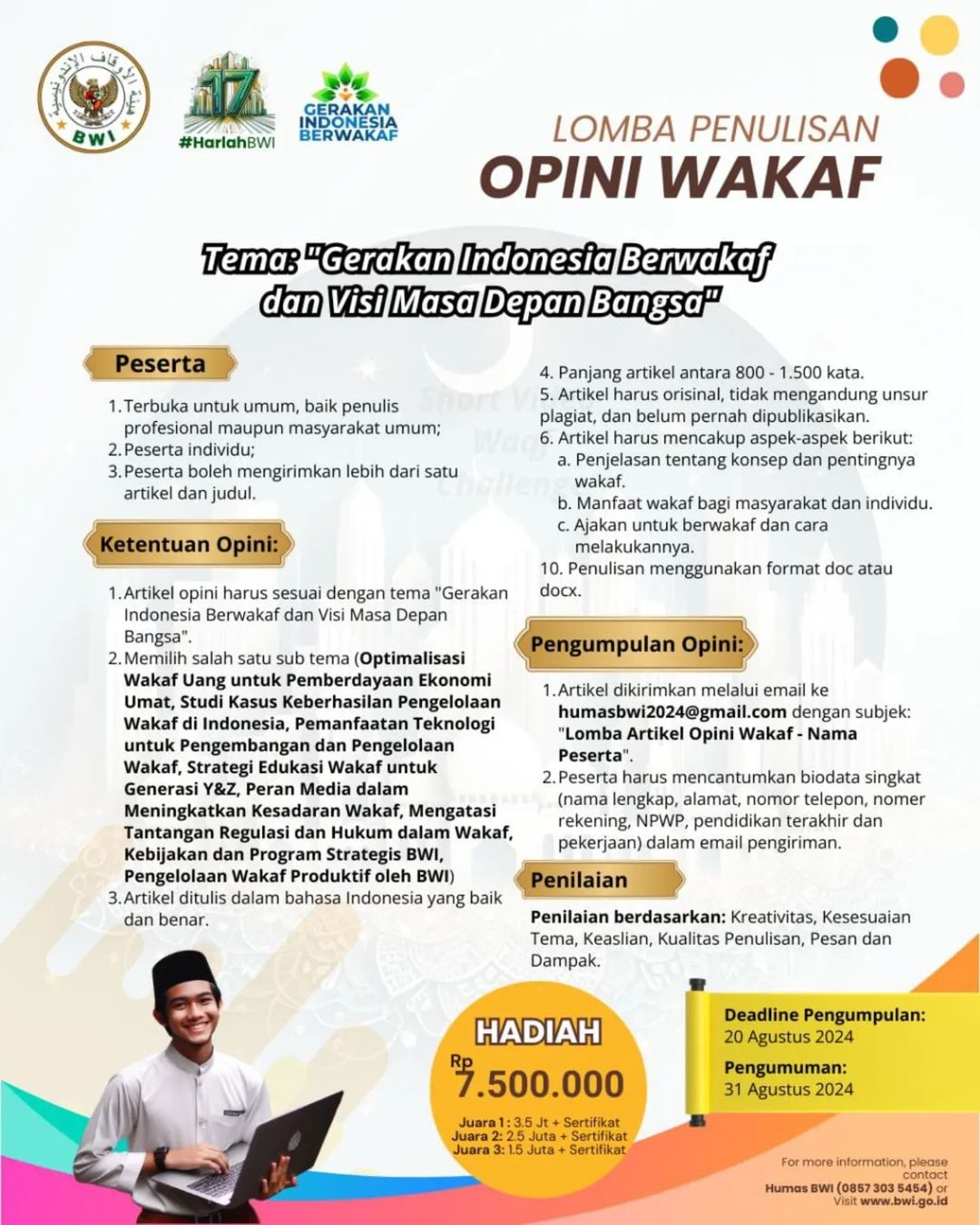 Ikuti Lomba Penulisan Opini Wakaf Dalam Rangka Harlah ke-17 BWI