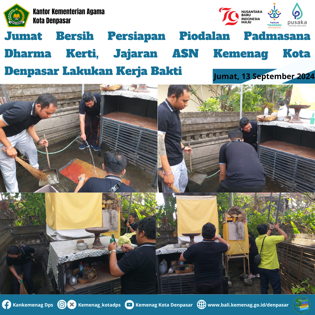 Jumat Bersih Persiapan Piodalan Padmasana Dharma Kerti, Jajaran ASN Kemenag Kota Denpasar Lakukan Kerja Bakti