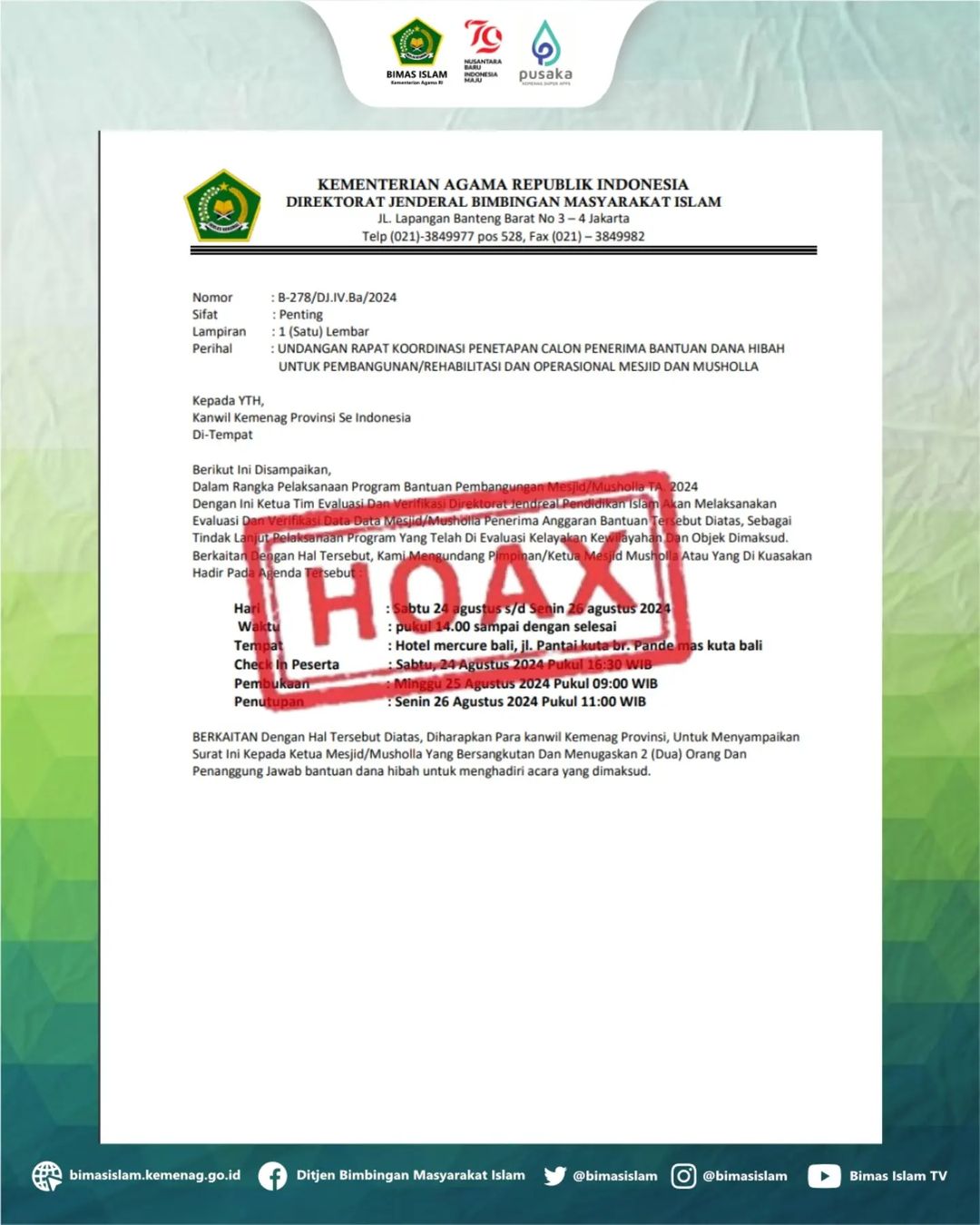 Waspada HOAX! Beredar Hoax Surat Undangan Rakor Penetapan Calon Penerima Bantuan Dana Hibah untuk Pembangunan / Rehabilitasi dan Operasional Masjid dan Musala
