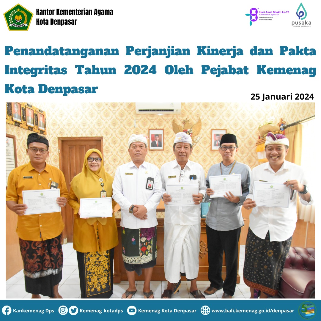 Penandatanganan Perjanjian Kinerja dan Pakta Integritas Tahun 2024 Oleh Pejabat Kemenag Kota Denpasar