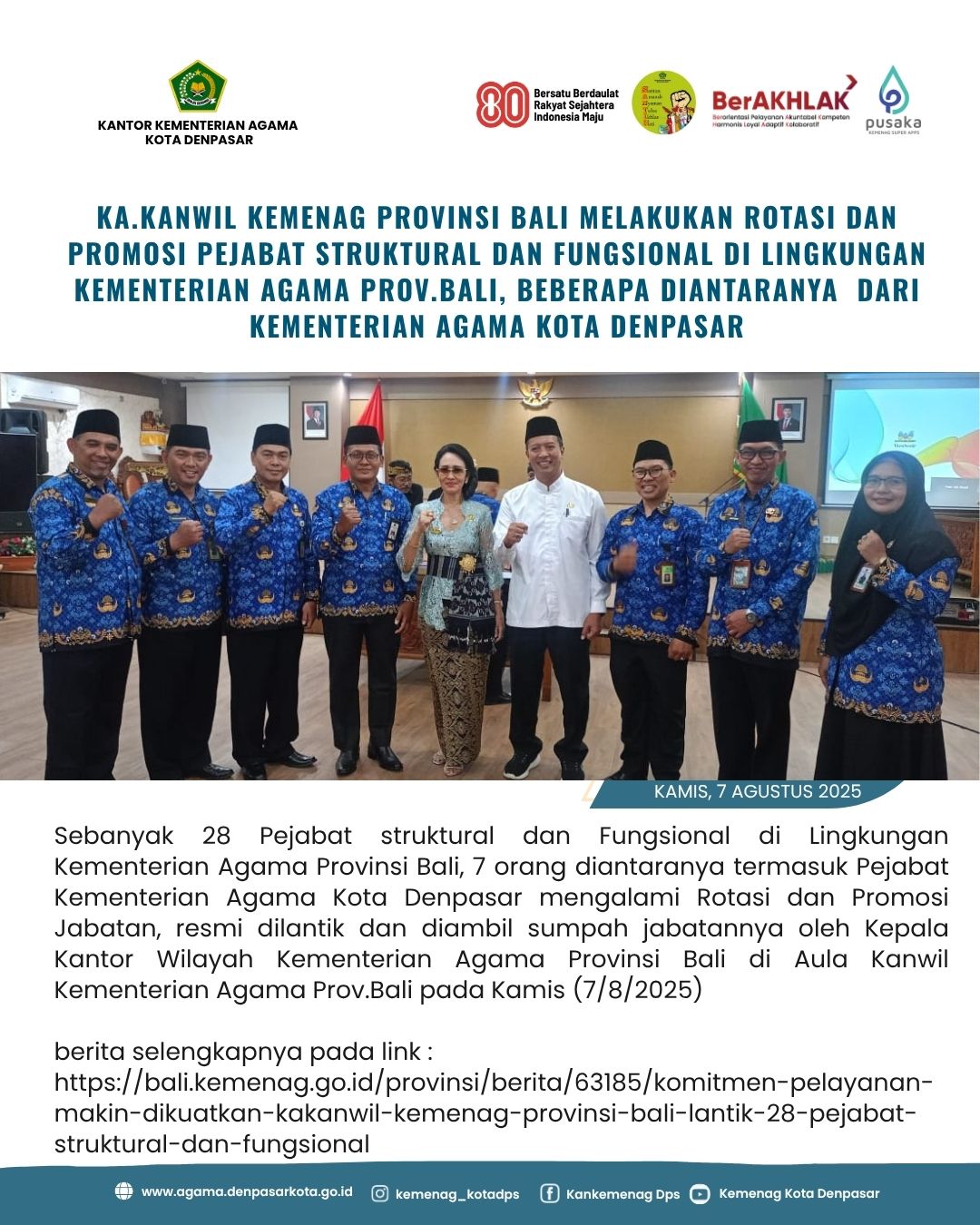 PELANTIKAN PEJABAT STRUKTURAL DAN FUNGSIONAL DI LINGKUNGAN KANWIL KEMENAG PROV.BALI
