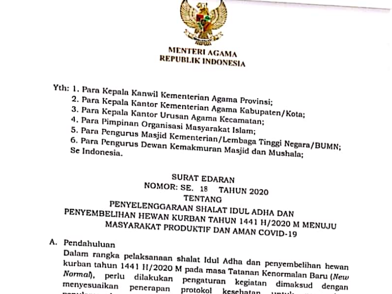 SE No. 18 Tahun 2020 Tentang Penyelenggaraan Shalat Idul Adha dan Penyembelihan Hewan Kurban Tahun 1441H/2020M Menuju Masyarakat Produktif dan Aman Covid-19
