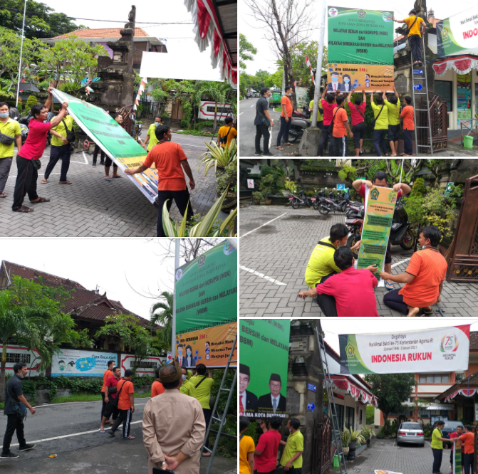 Jajaran Kemenag Lakukan Pemasangan New Banner di Lingkungan Kantor