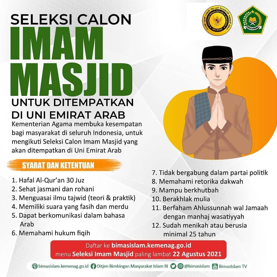 Kementerian Agama Kembali Membuka Seleksi Imam Masjid Asal Indonesia Untuk Ditempatkan Di Uni Emirat Arab