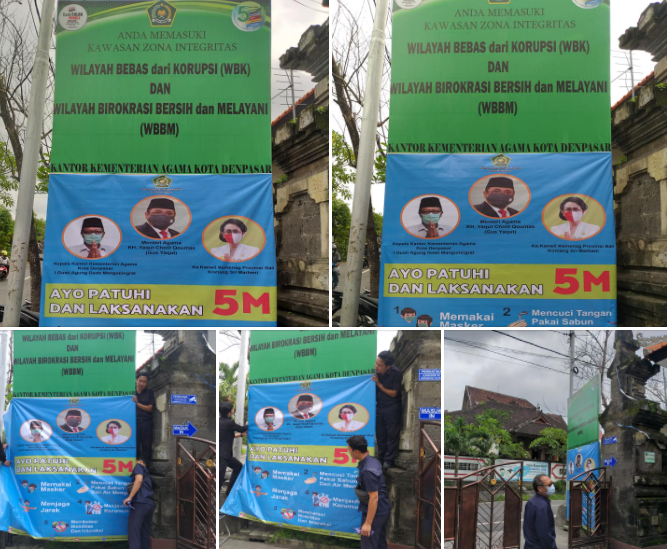 Pemasangan Baliho Penerapan Prokes 5M di Lingkungan Kankemenag Kota Denpasar
