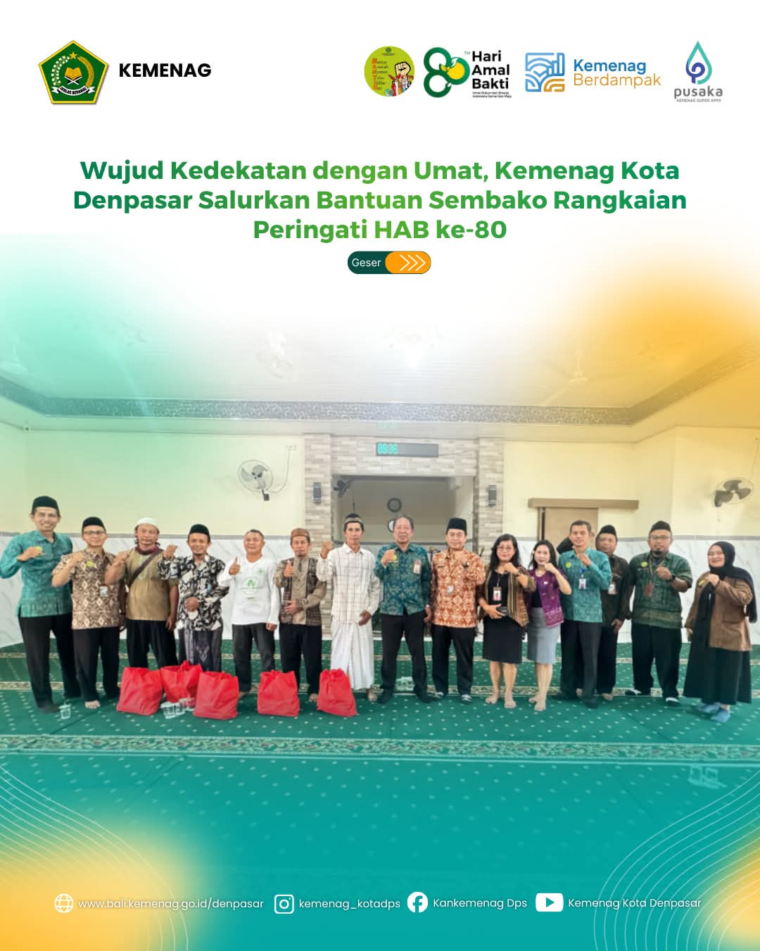 Wujud Kedekatan dengan Umat, Kemenag Kota Denpasar Salurkan Bantuan Sembako Rangkaian Peringati HAB ke-80