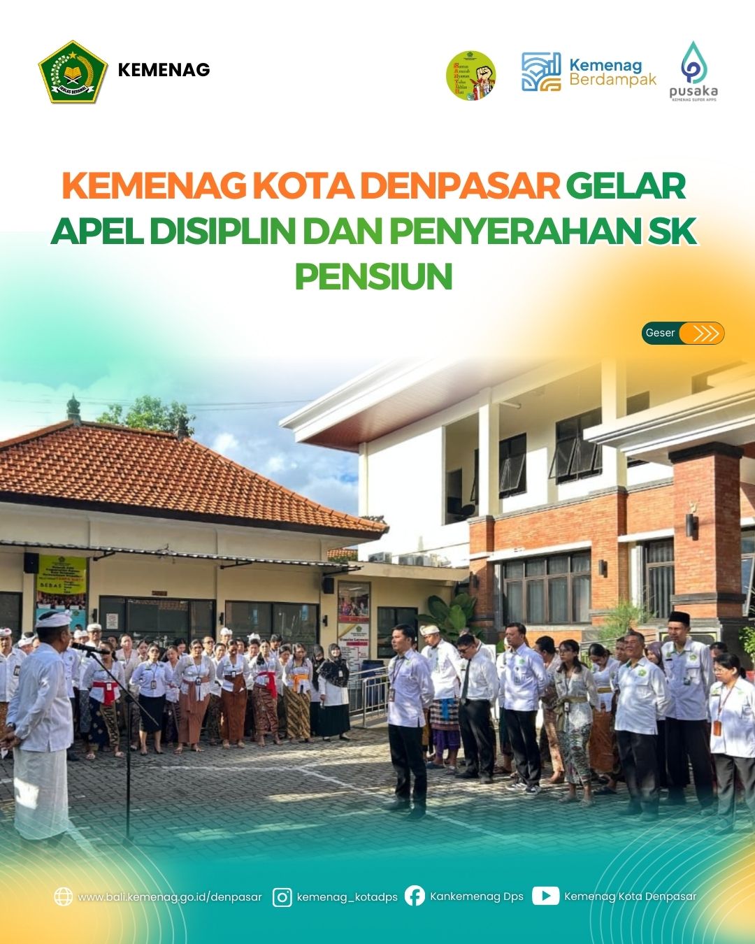 Kemenag Kota Denpasar Gelar Apel Disiplin dan Penyerahan SK Pensiun