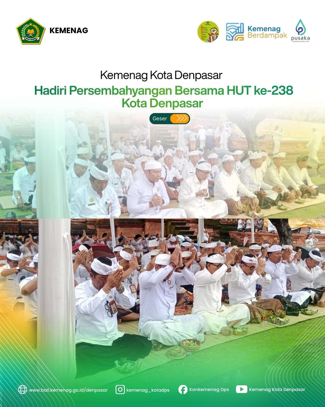 Kemenag Kota Denpasar Hadiri Persembahyangan Bersama HUT ke-238 Kota Denpasar