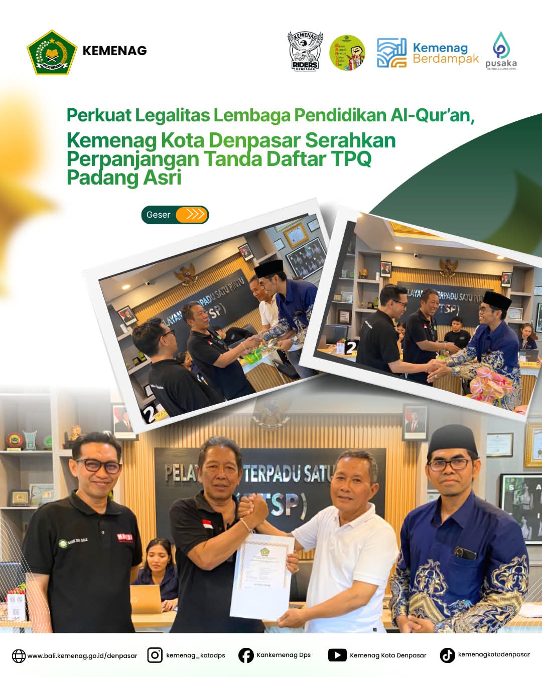 Perkuat Legalitas Lembaga Pendidikan Al-Qur’an, Kemenag Kota Denpasar Serahkan Perpanjangan Tanda Daftar TPQ Padang Asri