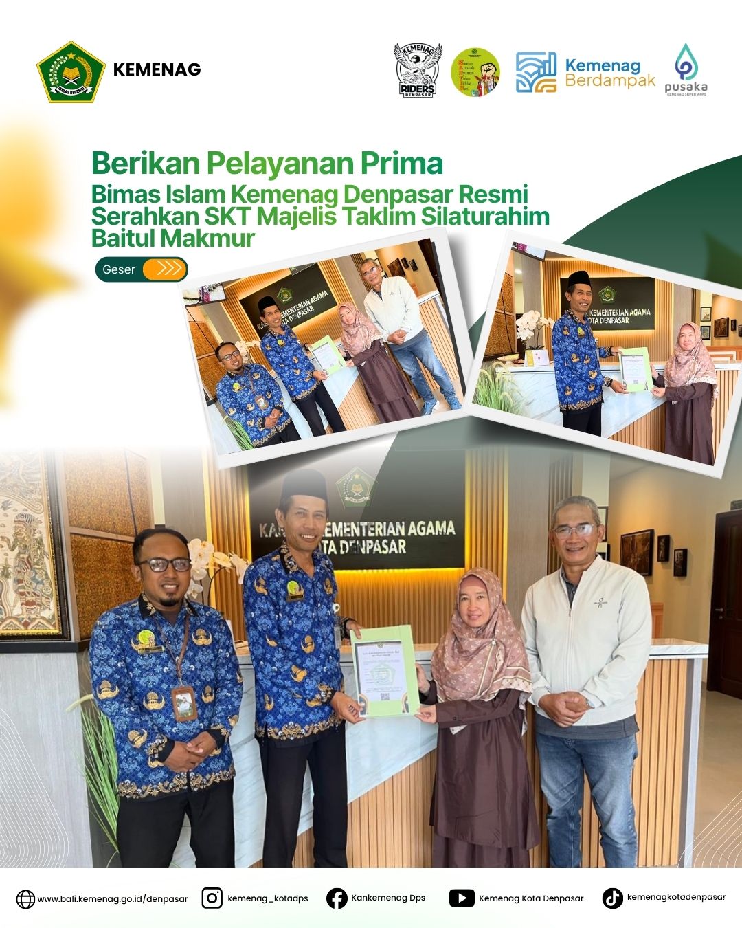 Berikan Pelayanan Prima, Bimas Islam Kemenag Denpasar Resmi Serahkan SKT Majelis Taklim Silaturahim Baitul Makmur