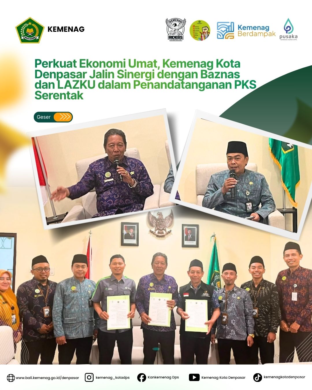 Perkuat Ekonomi Umat, Kemenag Kota Denpasar Jalin Sinergi dengan Baznas dan LAZKU dalam Penandatanganan PKS Serentak