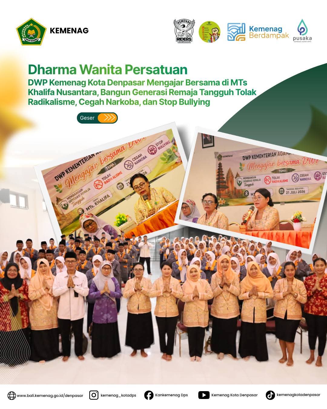 DWP Kemenag Kota Denpasar Mengajar Bersama di MTs Khalifa Nusantara, Bangun Generasi Remaja Tangguh Tolak Radikalisme, Cegah Narkoba, dan Stop Bullying
