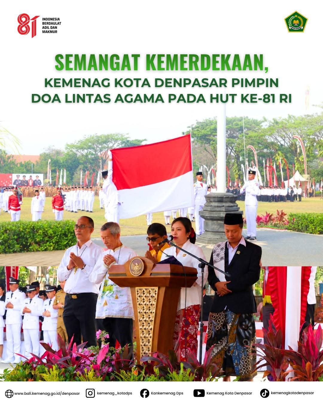 Semangat Kemerdekaan, Kemenag Kota Denpasar Pimpin Doa Lintas Agama pada HUT ke-81 RI