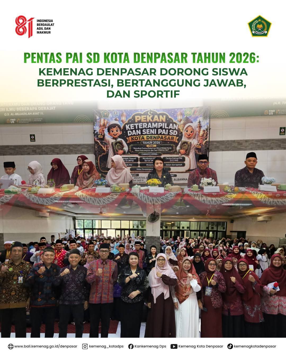 PENTAS PAI Tingkat SD Kota Denpasar Tahun 2026: Kemenag Denpasar Dorong Siswa Berprestasi, Bertanggung Jawab, dan Sportif